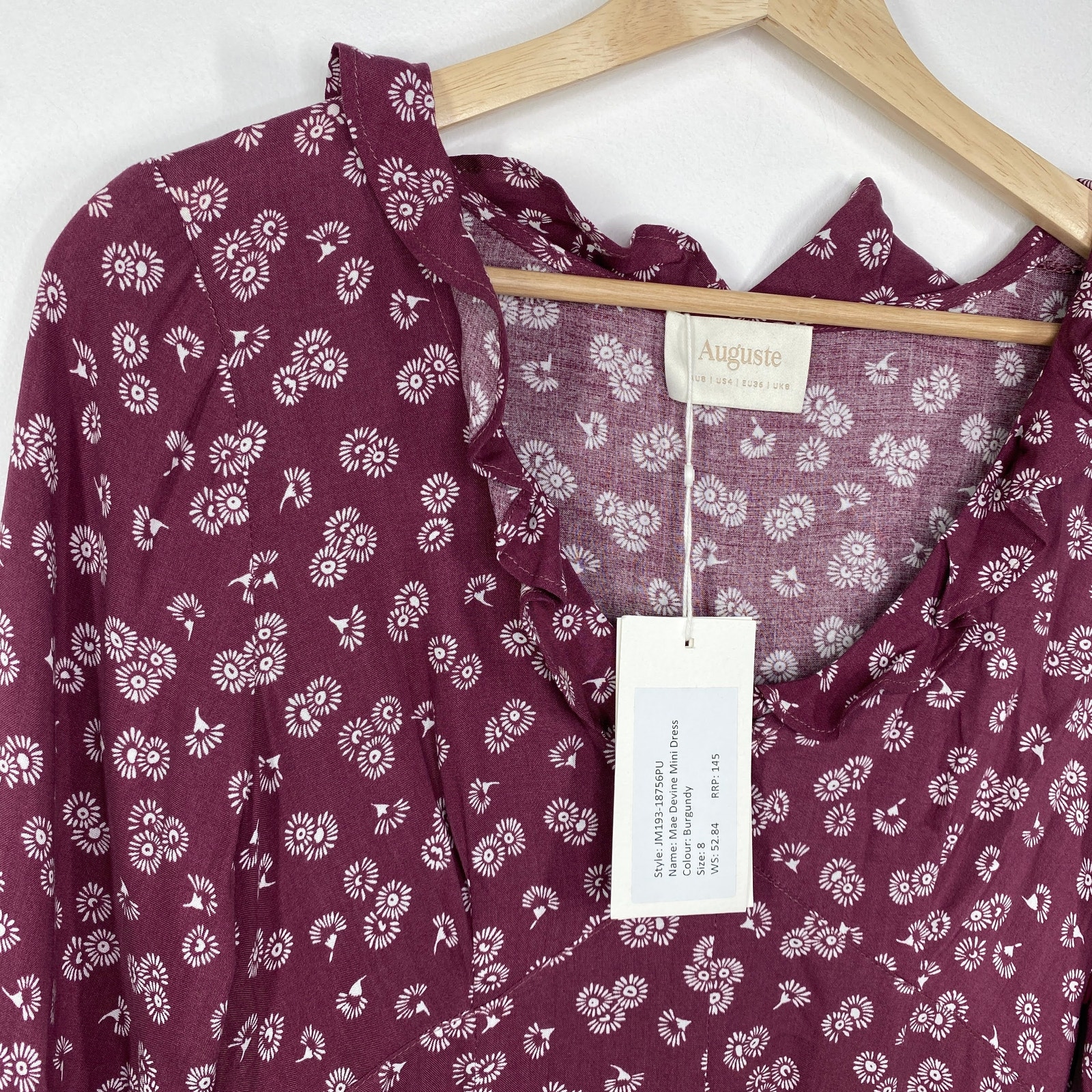 Auguste The Label Mae Devine Mini Dress Burgundy Floral Ruffle Us 4 Au 8 Jm193 — image 6 of 8